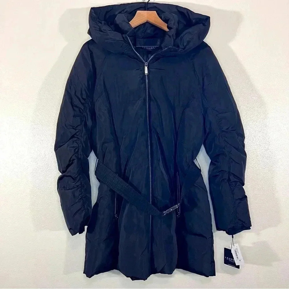 NWT Laundry by Shelli Segal Long Buckled Hooded Puffer